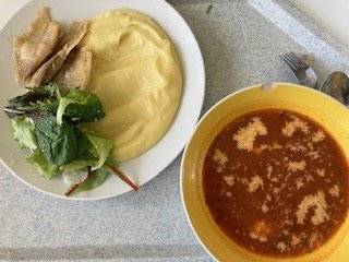 italská polévka, talápie na bylinkách, bramborová kaše