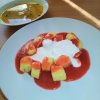 polévka z červené čočky, tvarohové knedlíky s ovocným přelivem