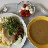 žampionový krém, citronové kuře s bramborem