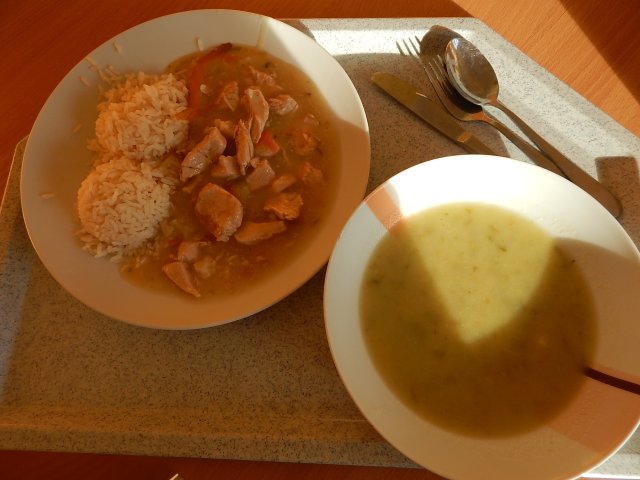 polévka ze zelených fazolek, krůtí na zelenině, rýže